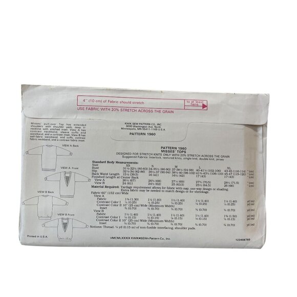 Kwik Sew 1960 Pattern Misses Sizes XS-XL V-Neck Pullover Sweater Vintage - Picture 2 of 2